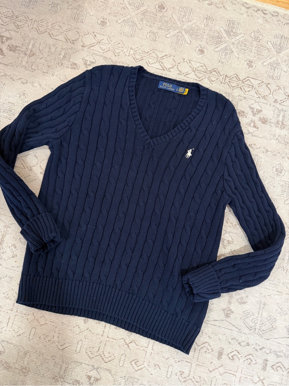 Ralph Lauren Navy Cable Knit V-Neck Sweater